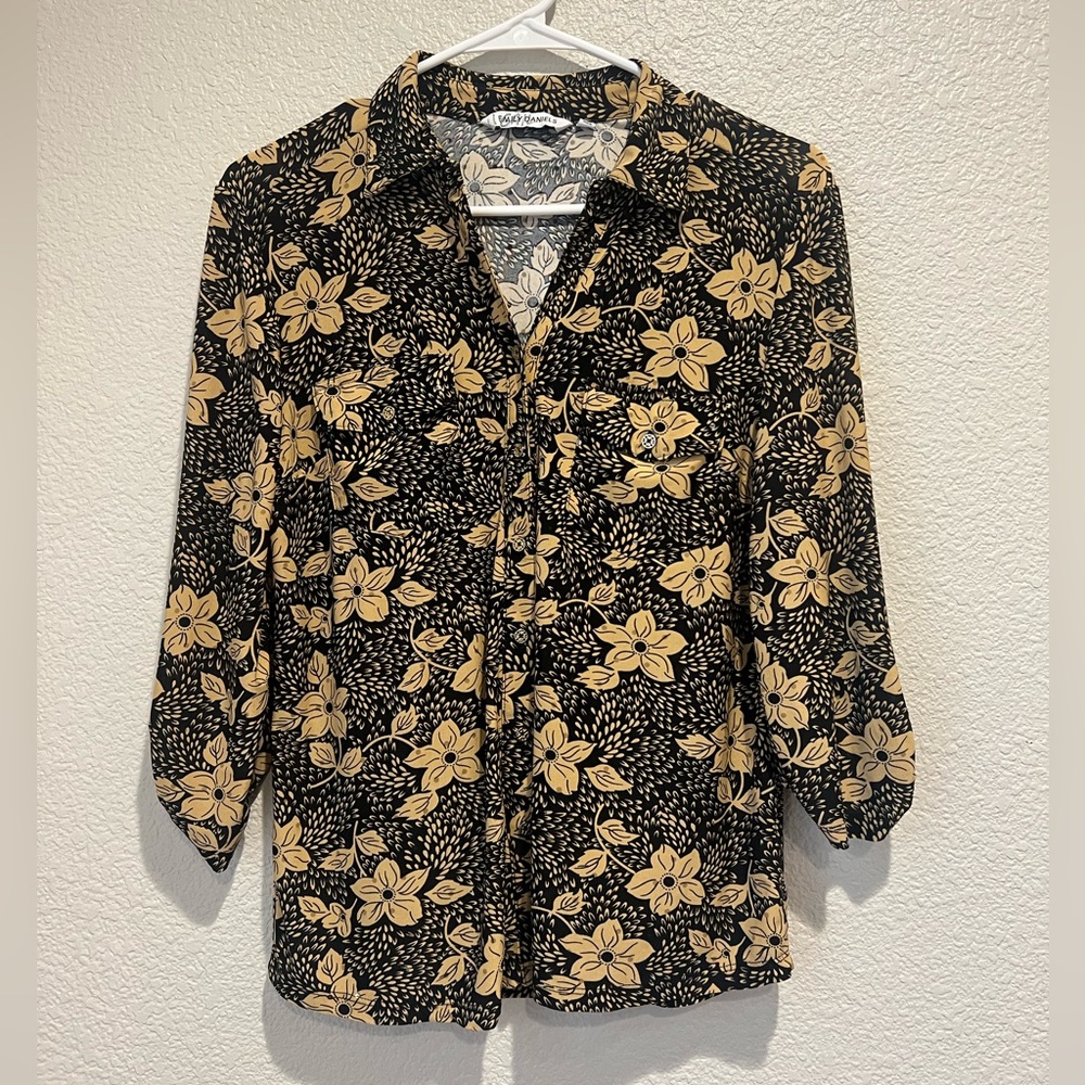 Emily Daniels Black Tan Floral Button Up Blouse, S
